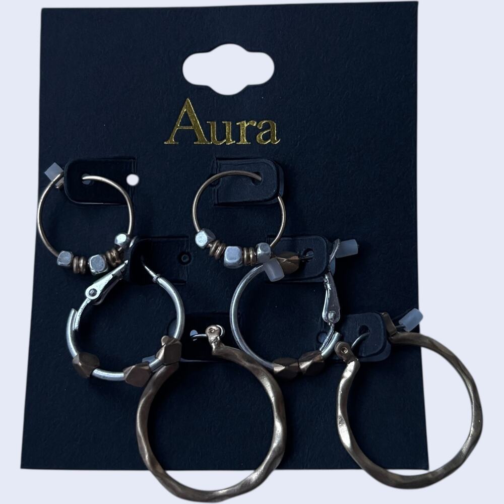 Aura Silver Boho Hoop Earring Set 6 Pairs Mixed Size Beaded Contemporary